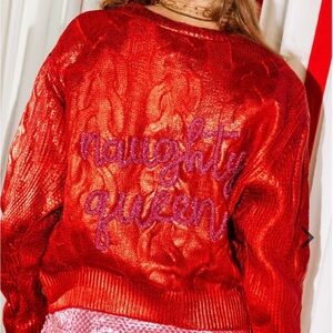 QUEEN OF SPARKLES Red Metallic Naughty Queen Sweater